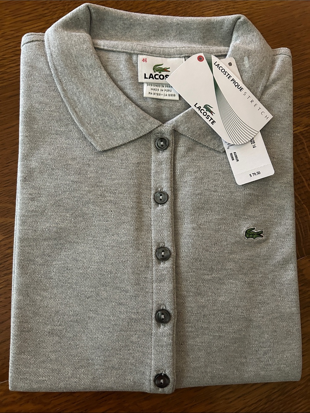Lacoste Gray Pique Polo Shirt with Green Crocodile Logo